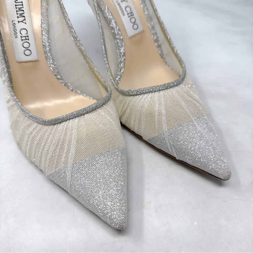 Jimmy Choo Silver and Ivory Glitter Mesh Pointed-Toe Heels - Picture 5 of 16